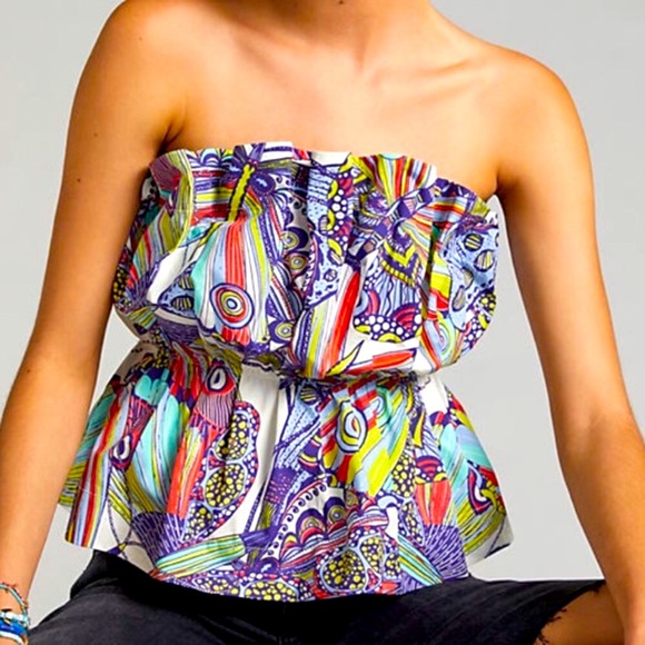 RARE ANTHRO ANTRHROPOLOGIE RUFFLED PLEATED COLORFUL BUSTIER TUBE TOP M - Picture 2 of 10